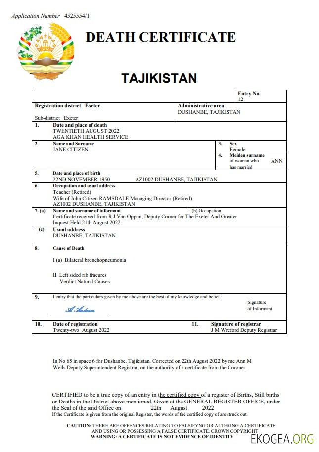 Modèle Word et PDF de certificat de décès de l'état civil du Tadjikistan